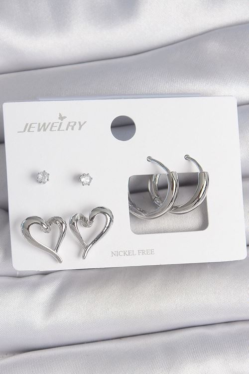 YRTCL Pirinç Gümüş Renk Zirkon Taşlı Halka Model Kalp Detay 3 Çift Kadın Küpe Seti