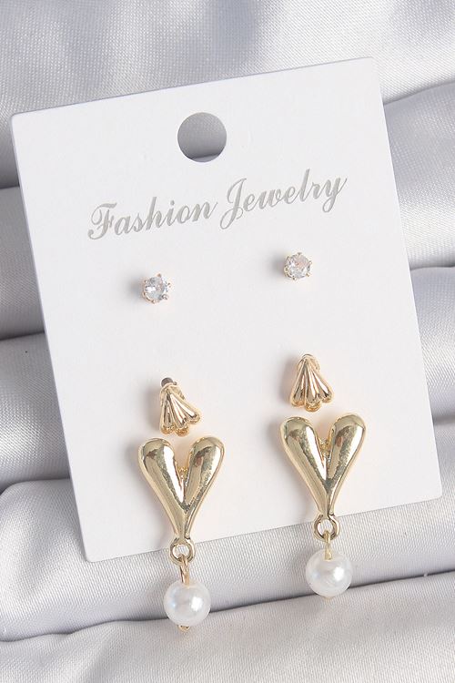 YRTCL Pirinç Gold Renk Zirkon Taşlı İncili Sallantılı Kalp Model 3 Çift Kadın Küpe Seti