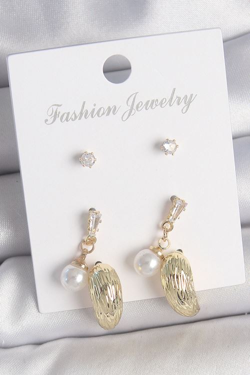 YRTCL Pirinç Gold Renk Zirkon Taşlı İncili Sallantılı İşlemeli Damla Model 3 Çift Kadın Küpe Seti