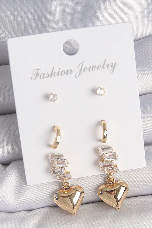 YRTCL Pirinç Gold Renk Zirkon Taşlı Sallantılı Kalp Model Yarım Halka Detay 3 Çift Kadın Küpe Seti