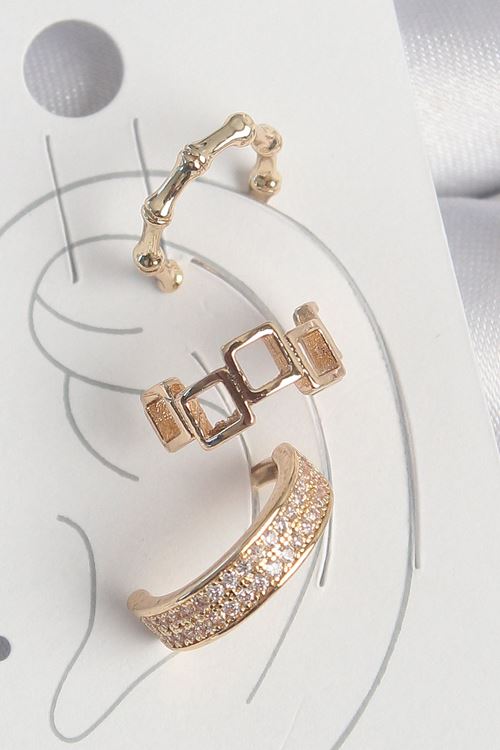 YRTCL Pirinç Gold Renk Kare Model Zirkon Taşlı 3'Lü Model Kadın Kıkırdak Küpe