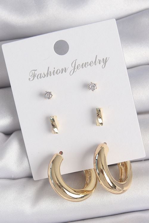 YRTCL Pirinç Gold Renk Zirkon Taşlı Halka Model 3 Çift Kadın Küpe Seti