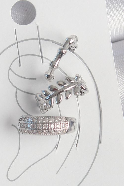 YRTCL Pirinç Gümüş Renk Zirkon Taşlı 3'Lü Model Yaprak Figür Kadın Kıkırdak Küpe