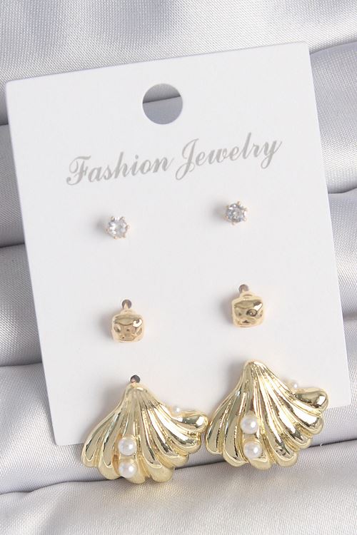 YRTCL Pirinç Gold Renk Zirkon Taşlı İnci Detaylı Deniz Kabuğu Model 3 Çift Kadın Küpe Seti