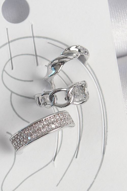 YRTCL Pirinç Gümüş Renk Zirkon Taşlı 3'Lü Zincir Sarmal Model Kadın Kıkırdak Küpe