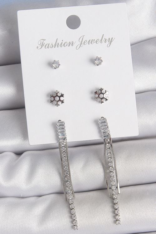 YRTCL Pirinç Gold Renk Zirkon Taşlı Sallantılı Çiçek Detay 3 Çfit Kadın Küpe Seti