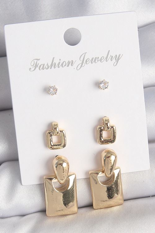 YRTCL Pirinç Gold Renk Zirkon Taşlı Sallantılı Kare Model 3 Çift Kadın Küpe Seti