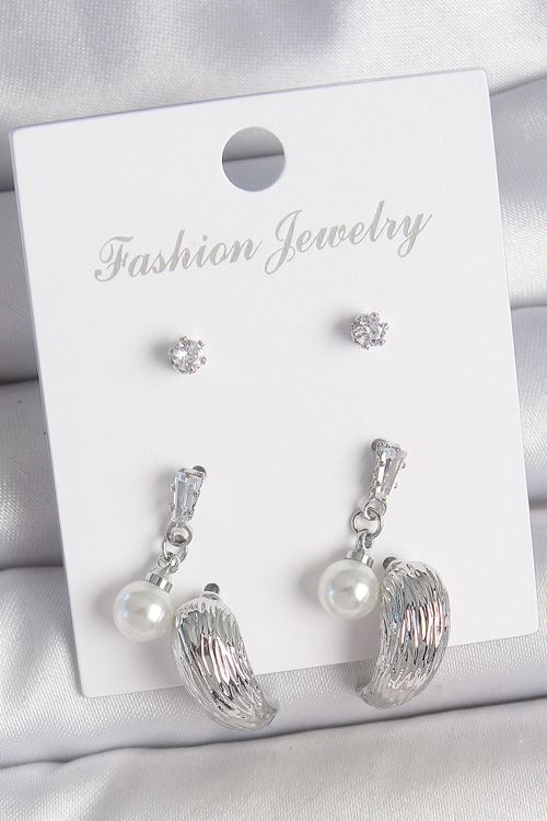 YRTCL Pirinç Gümüş Renk Sallantılı Zirkon Taşlı Damla Model 3 Çift Kadın Küpe Seti