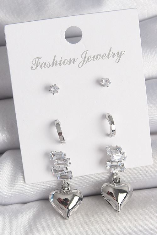 YRTCL Pirinç Gümüş Renk Zirkon Taşlı Sallantılı Kalp Model Yarım Halka Detay 3 Çfit Kadın Küpe Seti