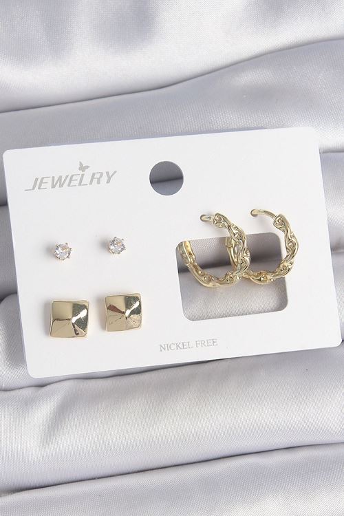 YRTCL Pirinç Gold Renk Burgu Halka Model Zirkon Taşlı Kare Detay 3 Çift Kadın Küpe Seti