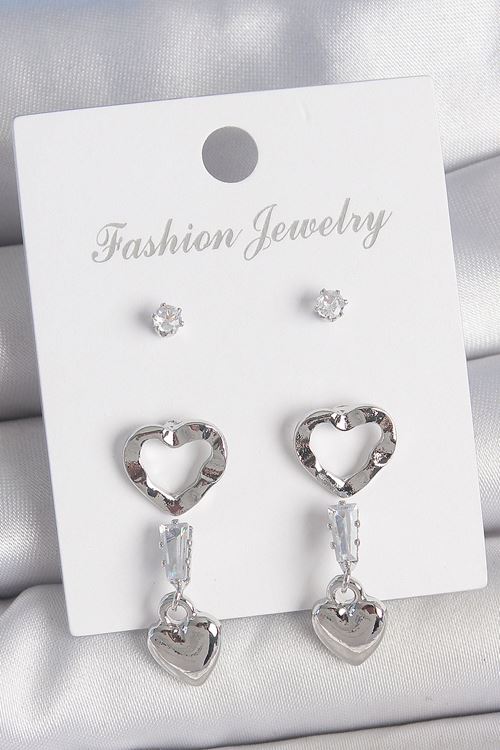 YRTCL Pirinç Gümüş Renk Zirkon Taş Detaylı Sallantı Model 2 Çift Kadın Küpe Seti