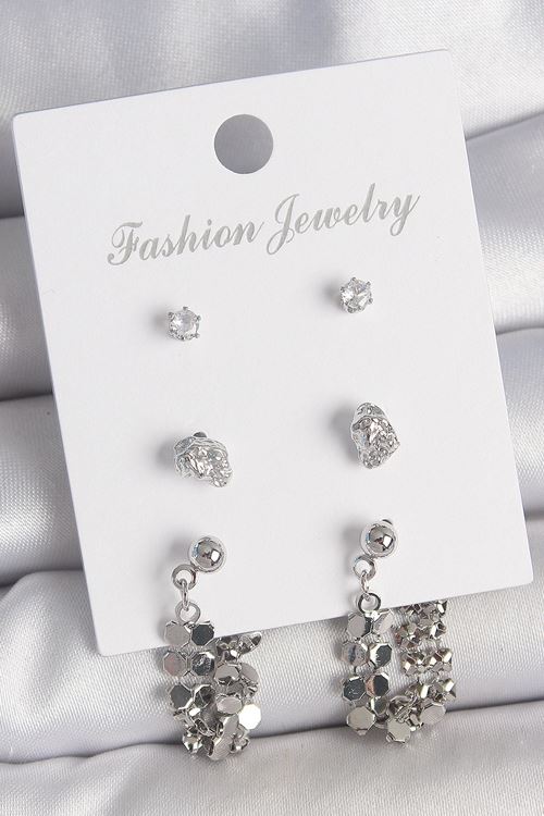 YRTCL Pirinç Gümüş Renk Zirkon Taşlı Pullu Sallantılı Model 3 Çift Kadın Küpe Seti