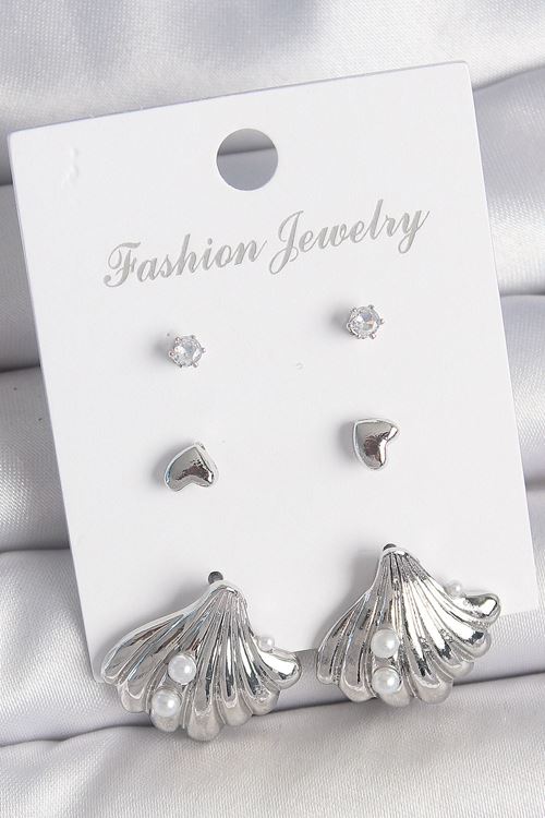 YRTCL Pirinç Gümüş Renk Zirkon Taş Detaylı İnci Detaylı Deniz Kabuğu Model 3 Çift Kadın Küpe