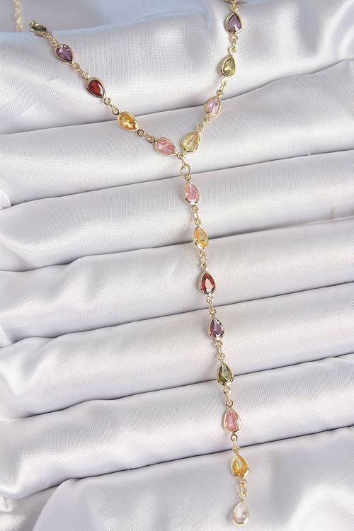 YRTCL Gold Karışık Renk Zirkon Taşlı Y Pirinç Kolye