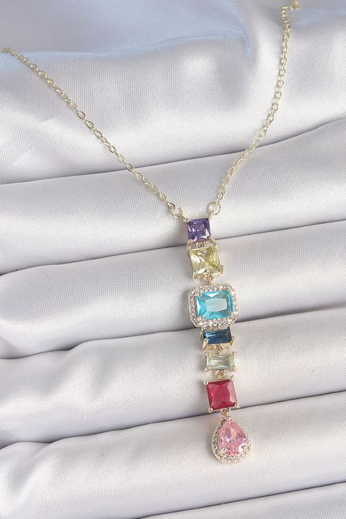 YRTCL Gold Karışık Renk Zirkon Taşlı Y Pirinç Kolye