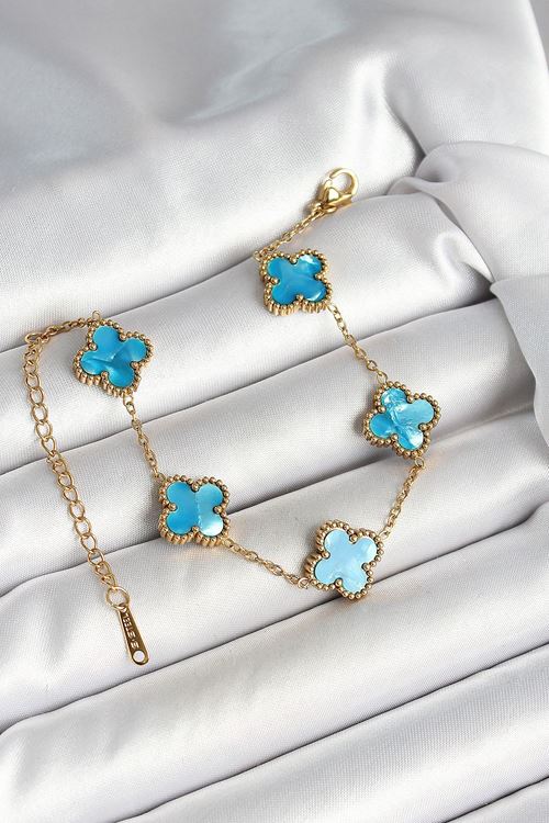 YRTCL 316L Çelik Sedefli Gökyüzü Mavisi Gold Renk Yonca Kadın Bileklik