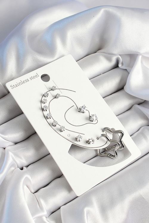 YRTCL 316L Çelik Yıldız Figürlü Ve Zirkon Taşlı Gümüş Renk 7'li Çift Kadın Küpe Set