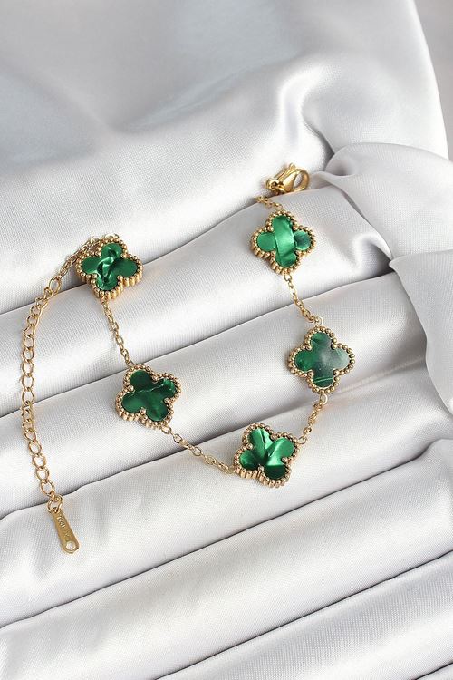 YRTCL 316L Çelik Sedefli Zümrüt Yeşil Gold Renk Yonca Kadın Bileklik