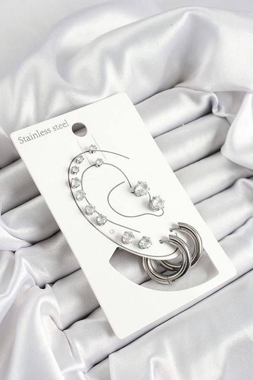 YRTCL 316L Çelik Halka Figürlü Ve Zirkon Taşlı Gümüş Renk 7'li Çift Kadın Küpe Set