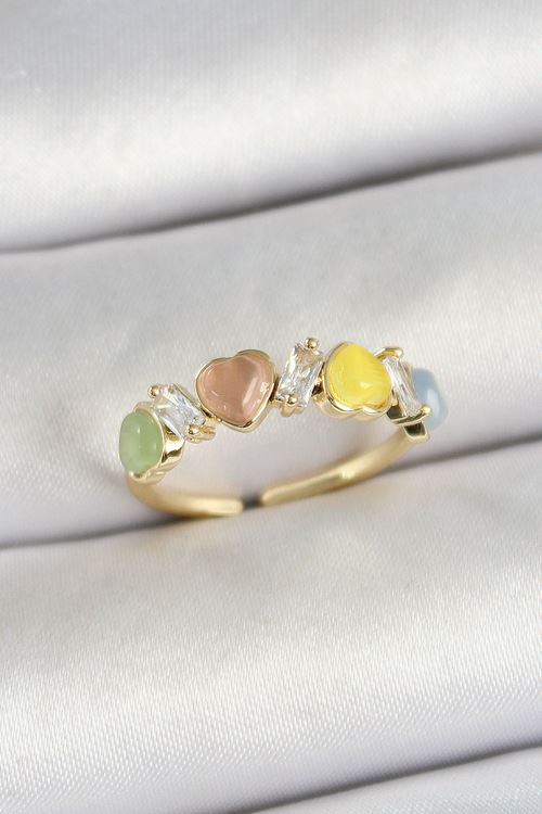 YRTCL Pirinç Sıralı Kalp Figürlü Zirkon Taşlı Gold Renk Ayarlanabilir Kadın Yüzük