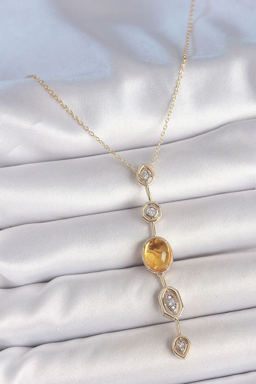 YRTCL Pirinç Zincir Kehribar Sarı Gold Renk  Zirkon Taşlı Y Kolye