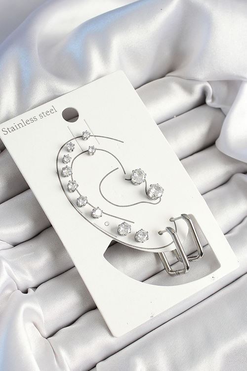 YRTCL 316L Çelik Dikdörtgen Figürlü Ve Zirkon Taşlı Gümüş Renk 7'li Çift Kadın Küpe Set