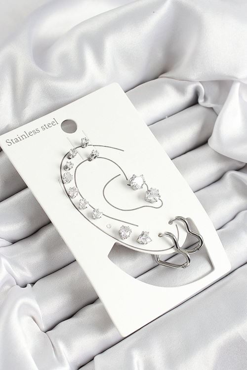 YRTCL 316L Çelik Kalp Figürlü Ve Zirkon Taşlı Gümüş Renk 7'li Çift Kadın Küpe Set