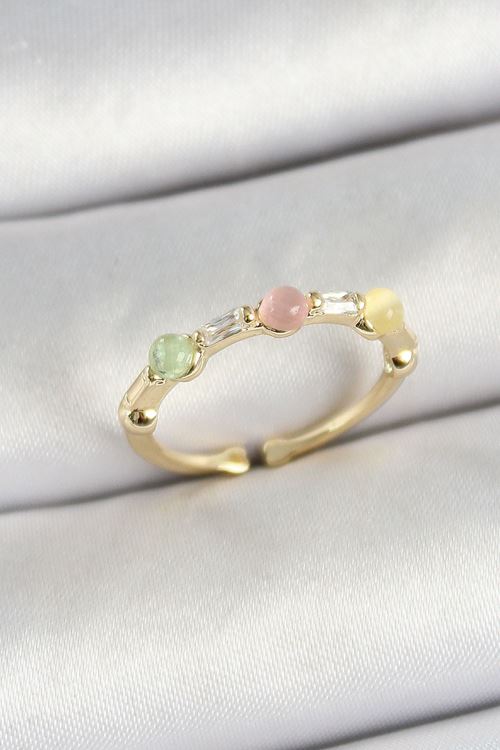 YRTCL Pirinç Sıralı Boncuk Figürlü Zirkon Taşlı Gold Renk Ayarlanabilir Kadın Yüzük