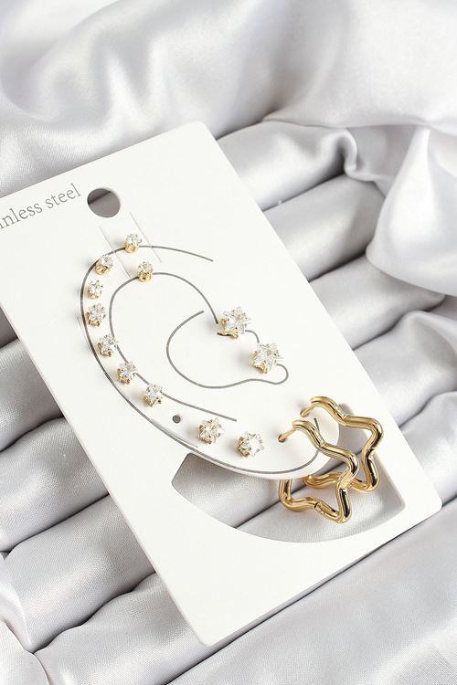 YRTCL 316L Çelik Yıldız Figürlü Ve Zirkon Taşlı Gold Renk 7'li Çift Kadın Küpe Set