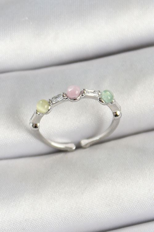 YRTCL Pirinç Sıralı Boncuk Figürlü Zirkon Taşlı Gümüş Renk Ayarlanabilir Kadın Yüzük