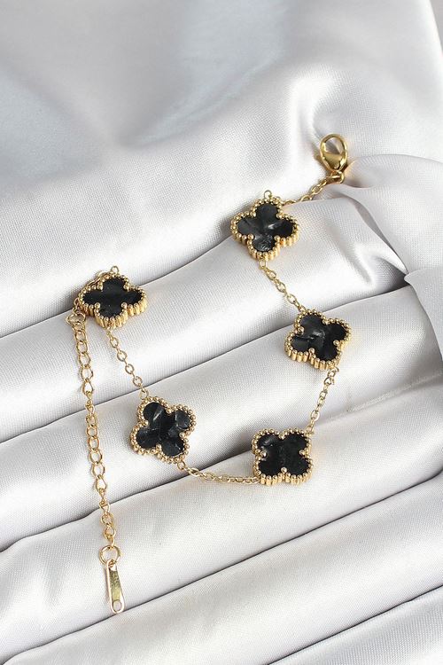 YRTCL 316L Çelik Sedefli Siyah Gold Renk Yonca Kadın Bileklik