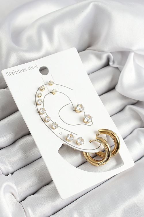 YRTCL 316L Çelik Halka Figürlü Ve Zirkon Taşlı Gold Renk 7'li Çift Kadın Küpe Set