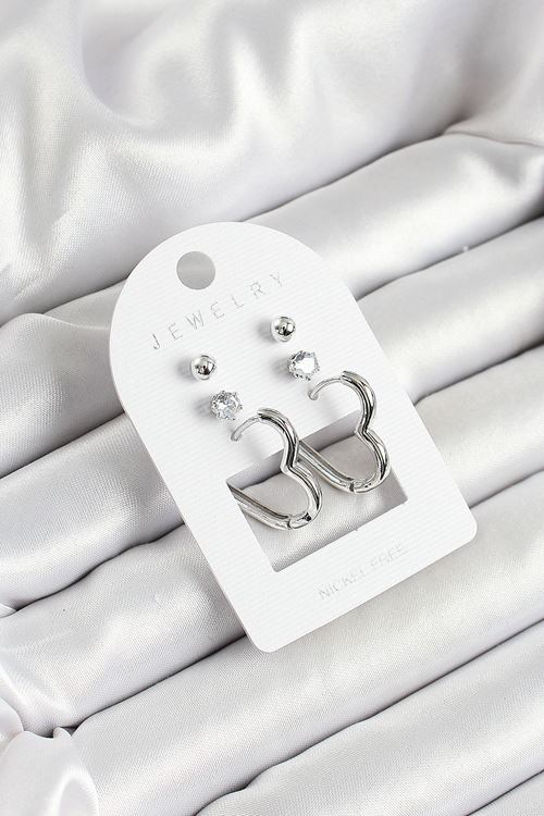 YRTCL Pirinç Zirkon Taş Ve Kalp Figürlü Gümüş Renk 3'lü Çift Kadın Küpe Set