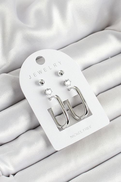 YRTCL Pirinç Zirkon Taş Ve Dikdörtgen Figürlü Gümüş Renk 3'lü Çift Kadın Küpe Set