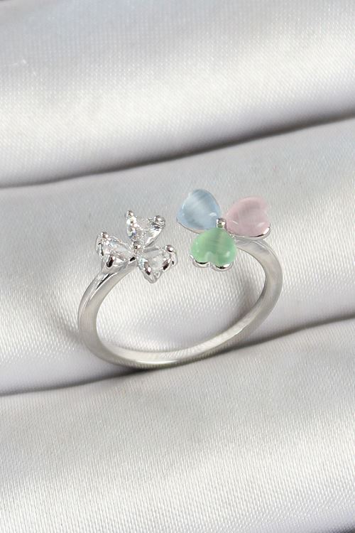 YRTCL Pirinç Kalp Figürlü Zirkon Taşlı Gümüş Renk Ayarlanabilir Kadın Yüzük