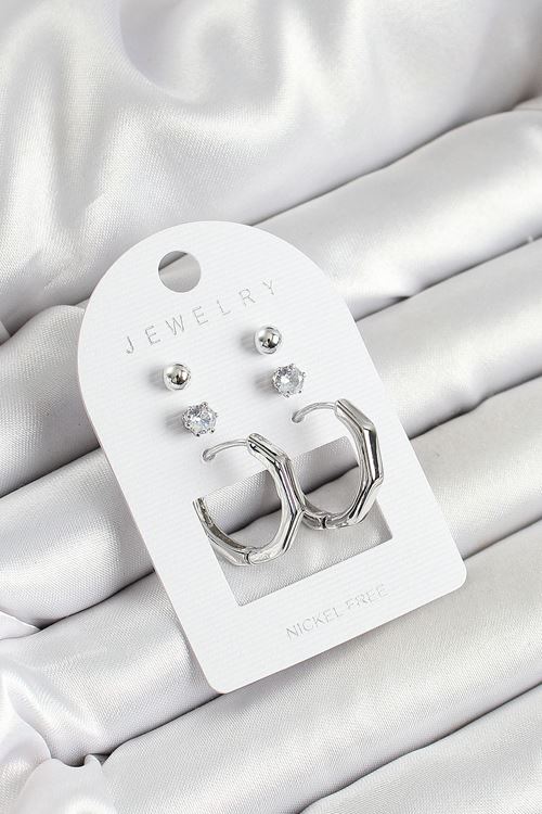 YRTCL Pirinç Zirkon Taş Ve Kemik Halka Figürlü Gümüş Renk 3'lü Çift Kadın Küpe Set