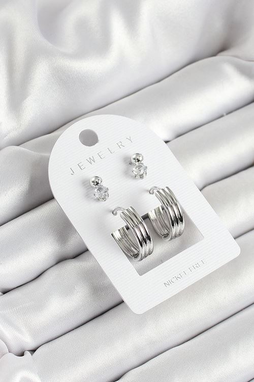 YRTCL Pirinç Zirkon Taş Ve Halka Figürlü Gümüş Renk 3'lü Çift Kadın Küpe Set