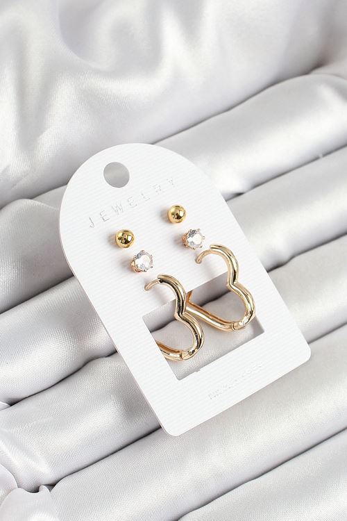 YRTCL Pirinç Zirkon Taş Ve Kalp Figürlü Gold Renk 3'lü Çift Kadın Küpe Set