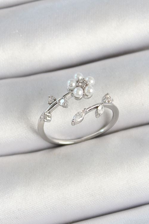 YRTCL Pirinç İnci Detaylı Papatya Figürlü Zirkon Taşlı Gümüş Renk Ayarlanabilir Kadın Yüzük