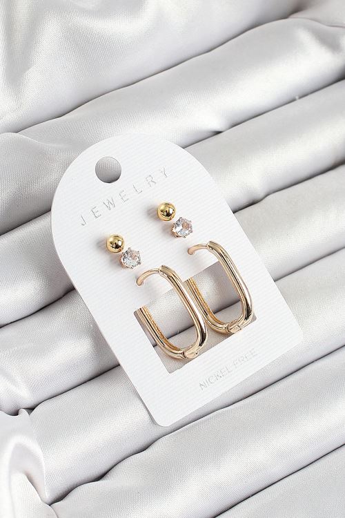 YRTCL Pirinç Zirkon Taş Ve Dikdörtgen Figürlü Gold Renk 3'lü Çift Kadın Küpe Set