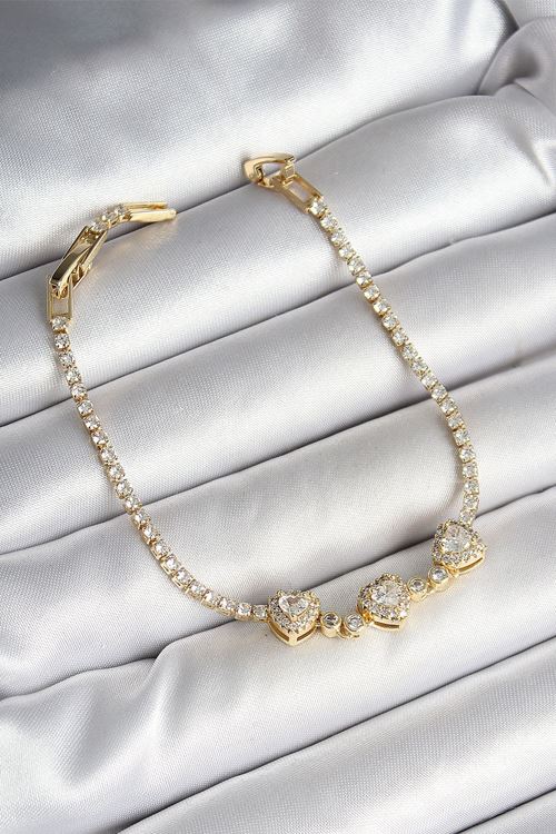 YRTCL Pirinç Sıralı Kalp Figürlü Zirkon Taşlı Gold Renk Kadın Bileklik