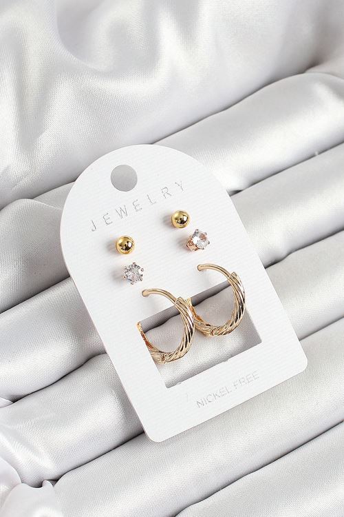 YRTCL Pirinç Zirkon Taş Ve Halka Figürlü Gold Renk 3'lü Çift Kadın Küpe Set