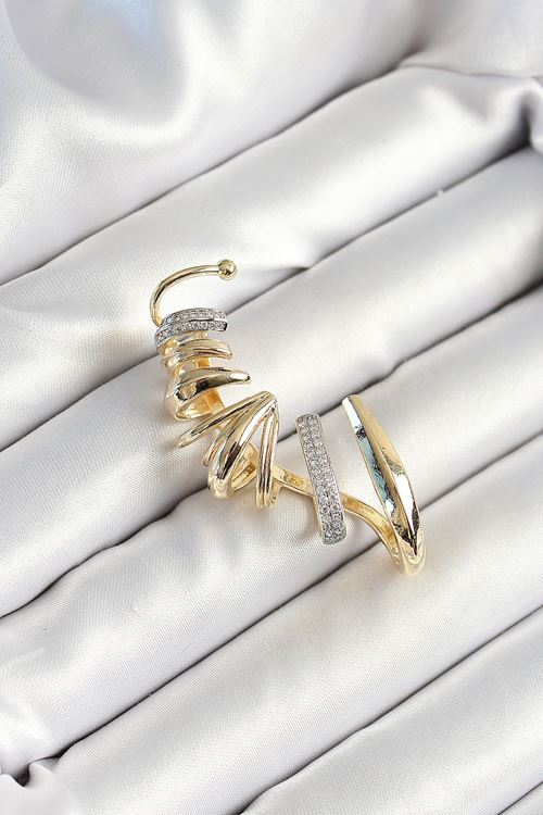 YRTCL Pirinç Zirkon Taş Kaplamalı Sarmal Figürlü Gold Renk Kadın Sağ Kıkırdak Küpe