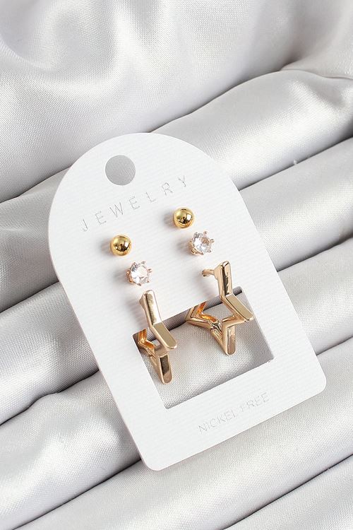 YRTCL Pirinç Zirkon Taş Ve Yıldız Figürlü Gold Renk 3'lü Çift Kadın Küpe Set