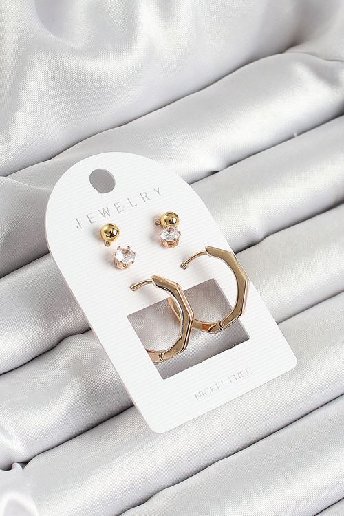 YRTCL Pirinç Zirkon Taş Ve Kemik Halka Figürlü Gold Renk 3'lü Çift Kadın Küpe Set