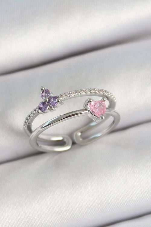 YRTCL Pirinç Kalp Ve Çiçek Figürlü Zirkon Taşlı Gümüş Renk Ayarlanabilir Kadın Yüzük