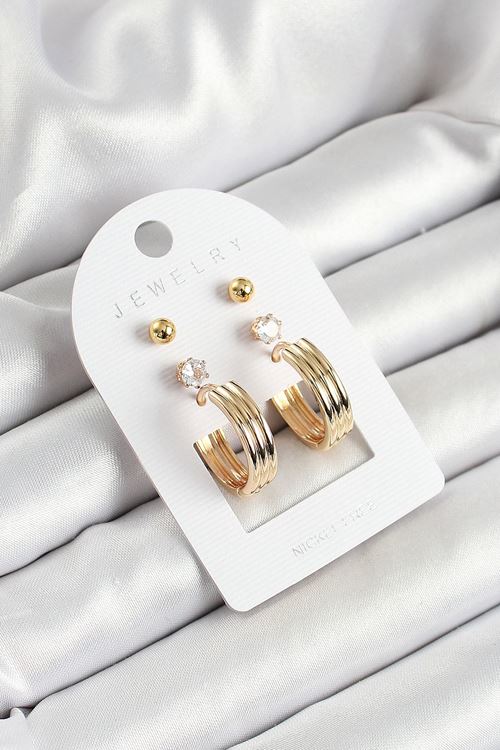 YRTCL Pirinç Zirkon Taş Ve Halka Figürlü Gold Renk 3'lü Çift Kadın Küpe Set