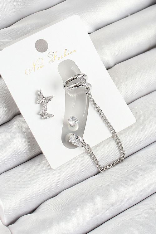 YRTCL Pirinç Kelebek Figürlü Zirkon Taşlı Gümüş Renk 3'lü Kıkırdak Kadın Küpe Set