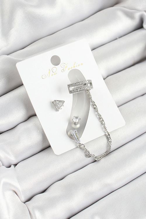 YRTCL Pirinç Üçgen Figürlü Zirkon Taşlı Gümüş Renk 3'lü Kıkırdak Kadın Küpe Set