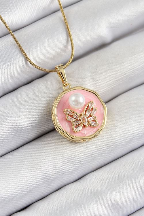 YRTCL 316L Çelik Zincir Zirkon Taşlı Pembe Sanatsal Portre İnci Detaylı Kelebek Model Gold Renk Kadın Kolye